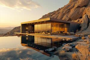 AI generated luxury golden house exterior in the desert, serene oceanic vista Ai Generated photo