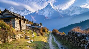 ai generado tranquilo campo escena estrecho suciedad camino líder pasado antiguo Roca y madera estructuras, con el majestuoso nieve tapado montañas en el fondo debajo parcialmente nublado cielo. ai generado foto