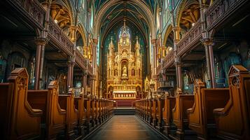 AI generated Photo of the interior of grand church with intricate architectural details. wood pews are aligned in rows leading up to the altar Ai Generated