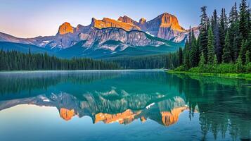 AI generated Photo of tranquil lake surrounded by towering mountains and lush green forests. The image captures breathtaking view of pristine lake reflecting the surrounding landscape. Ai Generated