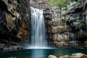 AI generated serene image captures picturesque waterfall flowing down rocky cliff. The waterfall is surrounded by jagged rocks and greenery, indicating natural, possibly remote location Ai Generated photo