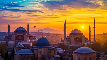 AI generated picturesque sunset historic cityscape. Prominent architectural structures, including domed buildings and towers, are silhouetted against the soft glow of the setting sun. Ai Generated photo