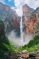 ai generado mago capturas poderoso cascada cascada abajo escabroso, rocoso montaña acantilado. el cielo encima es parcialmente nublado indicando vida en medio de el rocoso terreno ai generado foto