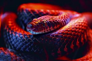 ai generado vibrante imagen de un serpiente con escamas ese son iluminado en vibrante rojo y oscuro tonos ai generado foto