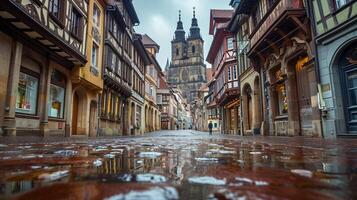 AI generated cobblestone street lined with historic buildings leading towards an ornate cathedral. The buildings have rustic charm, featuring stone construction and wood balconies Ai Generated photo