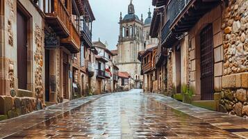 AI generated cobblestone street lined with historic buildings leading towards an ornate cathedral. The buildings have rustic charm, featuring stone construction and wood balconies Ai Generated photo