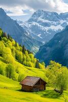 AI generated serene natural landscape with small wood cabin nestled in the foreground. The cabin should be situated on lush green hill, with towering snow capped mountains background Ai Generated photo