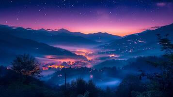 ai generado montañas en niebla en hermosa noche. paisaje con alto montaña valle, bajo nubes, bosque, púrpura cielo con estrellas, esclarecedor el ciudad a puesta de sol ai generado foto