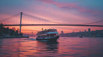 ai generado ver de un barco cruce un río con un suspensión puente abarcando eso a puesta de sol ai generado foto