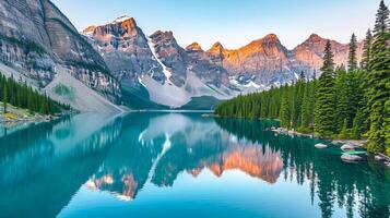 AI generated Photo of tranquil lake surrounded by towering mountains and lush green forests. The image captures breathtaking view of pristine lake reflecting the surrounding landscape. Ai Generated