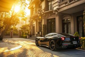 AI generated sports car parked in front of a luxury residence by sunset, luxury Life Ai Generated photo