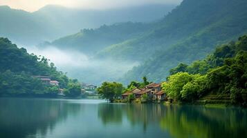 AI generated image of serene village nestled between calm lake and lush green mountains. The village of several buildings indicating they are made of stone or plaster Ai Generated photo