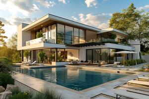 ai generado moderno casa moderno villa con piscina, lujoso interiores exótico paisajes ai generado foto