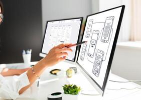 ux Graphic designer creative sketch planning application process development prototype wireframe for web mobile phone . User experience concept. photo