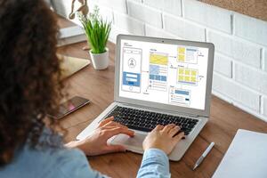 Woman Creating UX UI design process for modish mobile application and website . Creative prototype of wireframe for professional app developer . photo