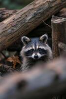 AI generated raccoon in a natural setting, surrounded by logs and foliage Ai generated photo