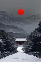AI generated Snowy mountains surrounded by symmetry, in the center is black and red suns from the evening. Minimalist Chinese classical style Ai Generated photo