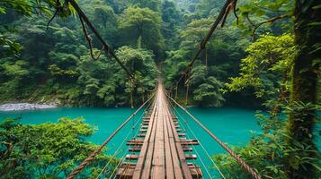 AI generated image of wood suspension bridge crossing over turquoise colored river. Lush green trees and vegetation surround the river and bridge, indicating forested area. Ai Generated photo