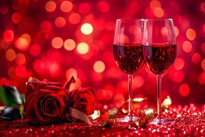 ai generado San Valentín día o romántico concepto. dos lentes vino con Rosa rojo bokeh antecedentes ai generado foto