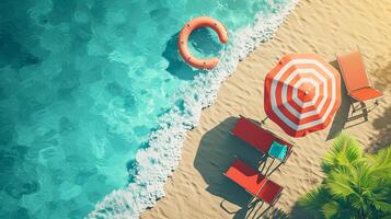 ai generado playa paraguas sillas, inflable anillo en playa arena. verano vacaciones concepto.arriba ver ai generado foto