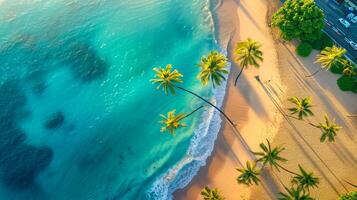 AI generated tropical beach with clear blue waters, golden sands, and lush green palm trees. The image captures an aerial view of picturesque tropical beach during the golden hour Ai Generated photo