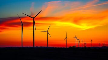 ai generado foto de viento turbinas silueta en contra vibrante puesta de sol. abajo el horizonte debería ser oscurecido paisaje, pacífico ajuste ai generado