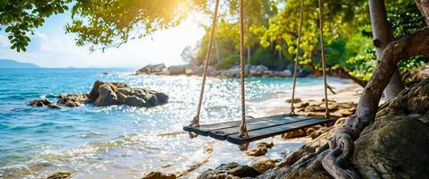 AI generated Close-up of swing on exotic tropical beach with view on ocean and coastline. Vacation concept, Sunny natural background Ai Generated photo