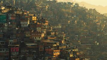 ai generado imagen muestra densamente poblado ladera cubierto en edificios, el mas grande edificios estar prominentemente en medio de menor estructuras ai generado foto