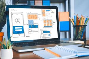 UX UI design process for modish mobile application and website . Creative prototype of wireframe for professional app developer . photo