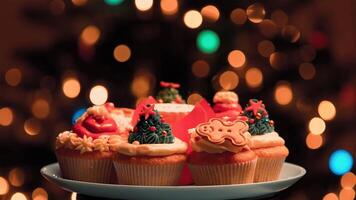 Christmas tree shaped cupcakes and cookies on wooden table. photo