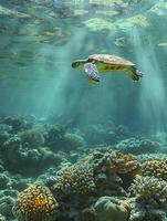 ai generado sereno submarino ambiente con mar Tortuga nadando encima un coral arrecife en claro, turquesa aguas ai generado foto