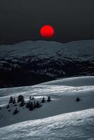 AI generated Snowy mountains surrounded by symmetry, in the center is black and red suns from the evening. Minimalist Chinese classical style Ai Generated photo