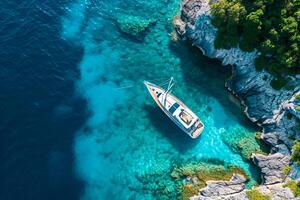 AI generated Aerial drone view top down ultra wide photo of luxury yacht anchored in tropical exotic island bay with crystal clear turquoise Ai Generated