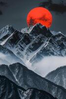 AI generated Snowy mountains surrounded by symmetry, in the center is black and red two suns from the evening. Ai Generated photo