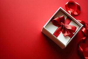 AI generated Red Elegance from Above 3D Top View Gift Box with Ribbon, Empty Space, Ai generated photo