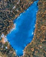 Arieal View of Blue water in a mountain forest Baduk lake with pine trees. Aerial view in the mountains on a blue lake and green forests. View on the lake between mountain forest. photo