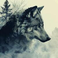 ai generado lobo en doble exposición de bosque, silueta ai generado foto