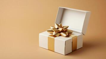 AI generated Empty open white gift box with gold ribbon on beige background, copy space Ai Generated photo