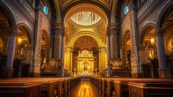 AI generated Photo of the interior of grand church with intricate architectural details. wood pews are aligned in rows leading up to the altar Ai Generated