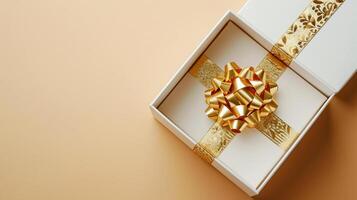 AI generated Unveiling Luxury 3D Gift Box with Gold Ribbon, Empty Space, Top View, Ai generated photo