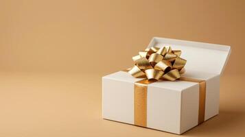 AI generated Radiant Gifting Experience 3D Golden Gift Box, Ribbon, Top View, Empty Space, Ai generated photo