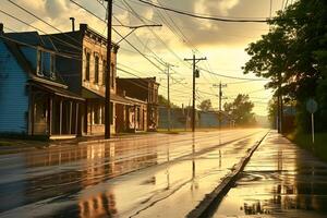 AI generated street scene sunrise or sunset. The road is possibly due to recent rain, and reflects the light from the sky. Buildings line both sides of the street old and have rustic Ai Generated photo