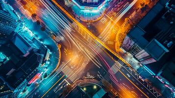 AI generated image is an aerial view of busy city intersection at night. Multiple roads converge at this point, creating an intricate pattern marked by various lanes and crosswalks. Ai Generated photo