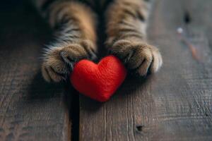 ai generado un rojo 3d corazón en el patas de un gato. Copiar espacio ai generado foto