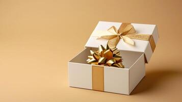 AI generated Empty open white gift box with gold ribbon on beige background, copy space Ai Generated photo