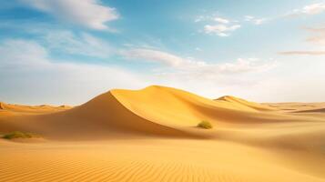 ai generado Desierto paisaje suave arena dunas Rico dorado tonos de el arena con el suave azul cielo. pocos verde plantas son visible en el primer plano imperturbable natural escena ai generado foto