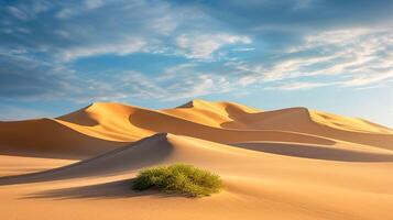 ai generado Desierto paisaje suave arena dunas Rico dorado tonos de el arena con el suave azul cielo. pocos verde plantas son visible en el primer plano imperturbable natural escena ai generado foto