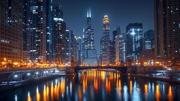 ai generado Noche paisaje urbano presentando alto edificios, un puente, y un río ai generado foto