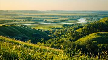 AI generated Photo vast prairie with green grass, wide river in the distance, and lush forest on both sides, long exposure Ai Generated