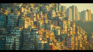 AI generated image shows densely populated hillside covered in buildings,The larger buildings stand prominently amidst smaller structures Ai Generated photo